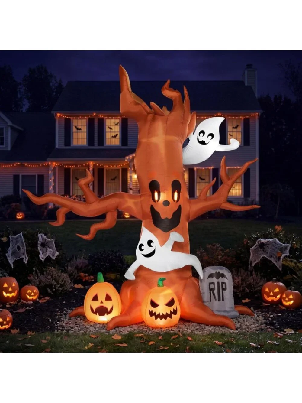 8FT Halloween Inflatable Scary Tree with Ghost, LED Pumpkin & Tombstone Decor